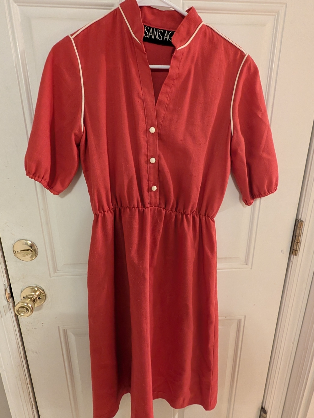 Vintage SANSAGE Red Midi Dress Ivory Piping Puff Sleeve 70s 80s Retro
